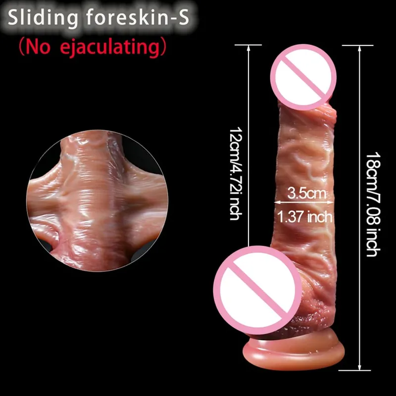 2 In1 Super Realistic Dildo Penis Sliding Foreskin Ejaculation Big Dick Penetration Anal Female Masturbation Sexy Adult Sex Toys