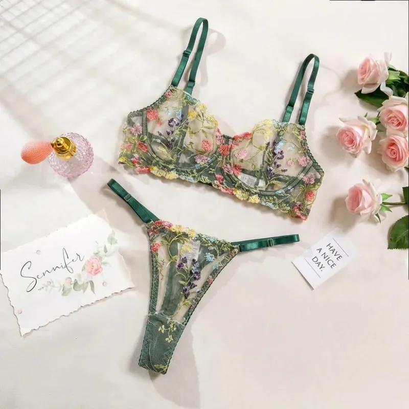 Σετ εσώρουχων 2 τεμαχίων Bohemia Floral Κέντημα Ευέλικτο Εσώρουχα Intimates Underwire Push-up Sheer Set εσώρουχα για κορίτσι