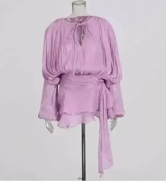 2026 Bagong Tag-init na Fashion Pambabaeng Damit Round Neck Lantern Sleeves Satin Short Dress Na May Shorts Sa ilalim ng Dalawang pirasong Set