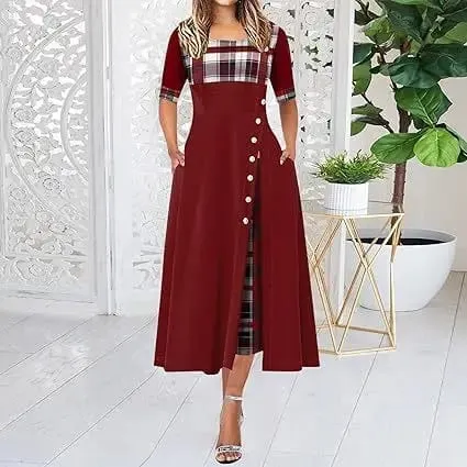 Robe longue en Patchwork de treillis irrégulier pour femmes, Vintage, boutons, col rond, demi-manches, décontractée, pour les déplacements, à la mode
