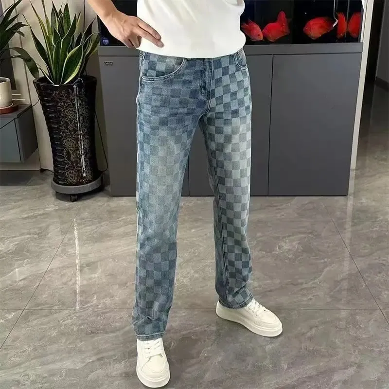 Spring Summer Checkered Jeans From Trendy Brand Versatile Men's Straight-leg high-end loose Casual Straight Stretch Pants