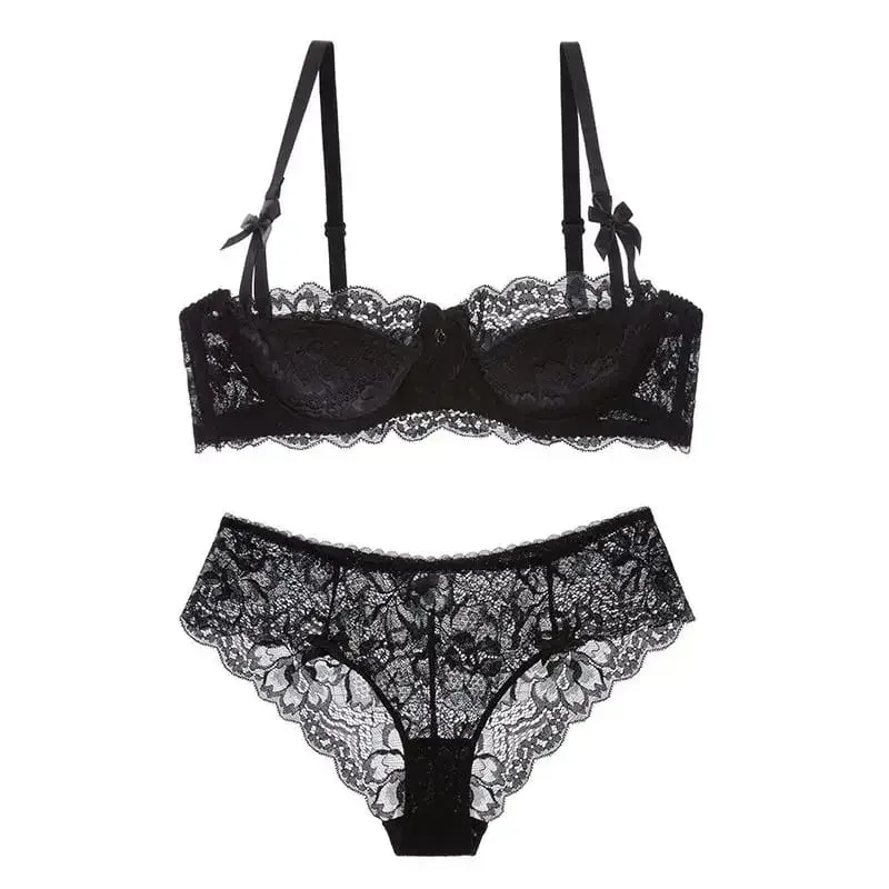 Rabbit Ear AB Cup Pure Desire Girl Bra Set | Pull-up Bra with Bow | Breathable French lace Bra | Anti-slip Cup Date Night — image 2