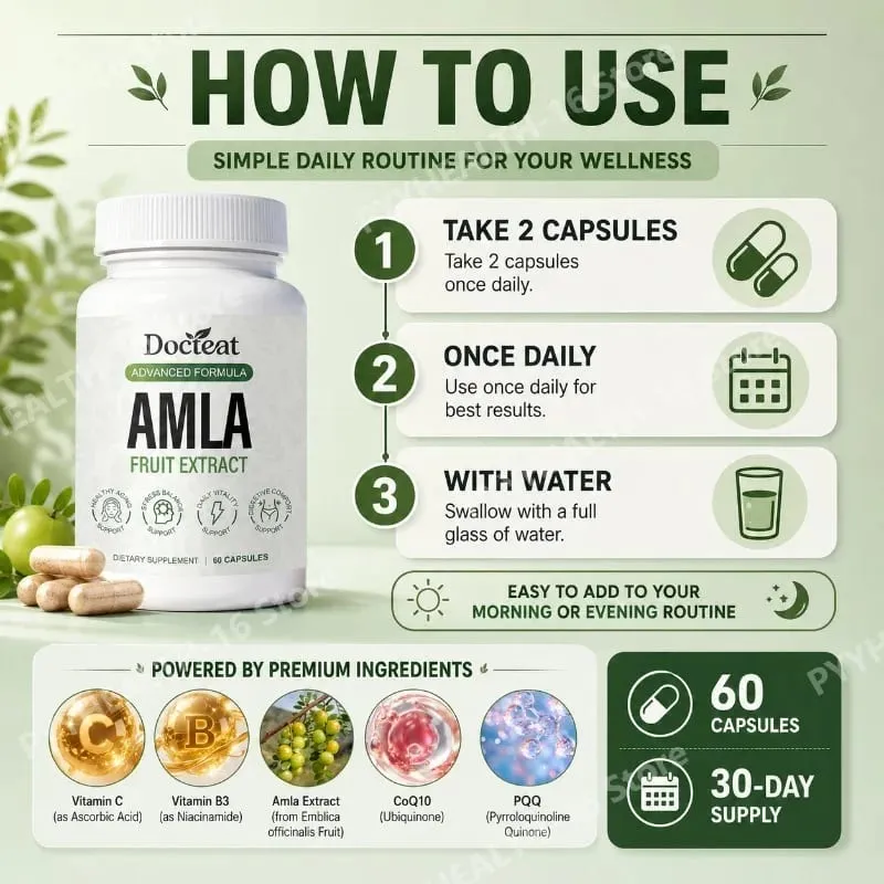 Docteat Amla-Fruchtextrakt-Kapseln unterstützen die Immunfunktion und unterstützen die Hautgesundheit mit Vitamin C B3 CoQ10 PQQ 60 Kapseln