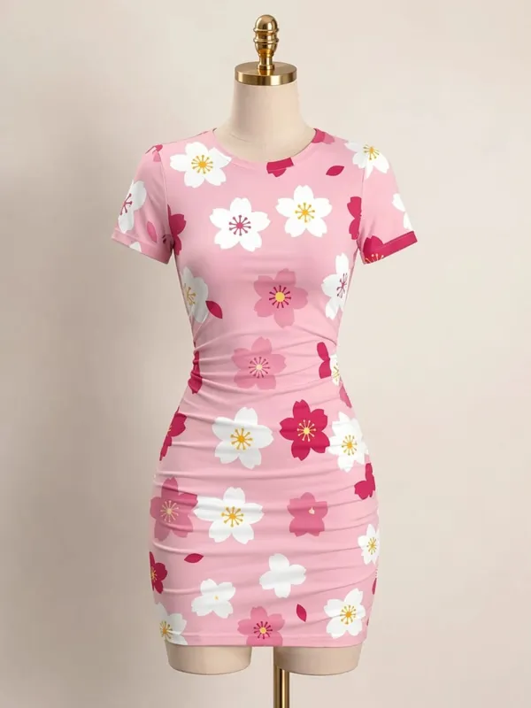 Mulheres manga curta bodycon mini vestido fino ajuste tripulação pescoço floral impressão casual festa de verão bonito elegante suave férias vestido de verão — image 13