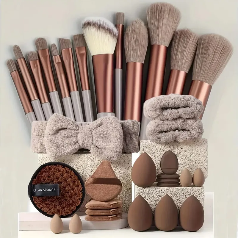 20/40Pcs Makeup Brushes and Sponges Set Brown Makeup Puff Beauty Egg Headband Wristband Remover Kit Makeup Tool Gift