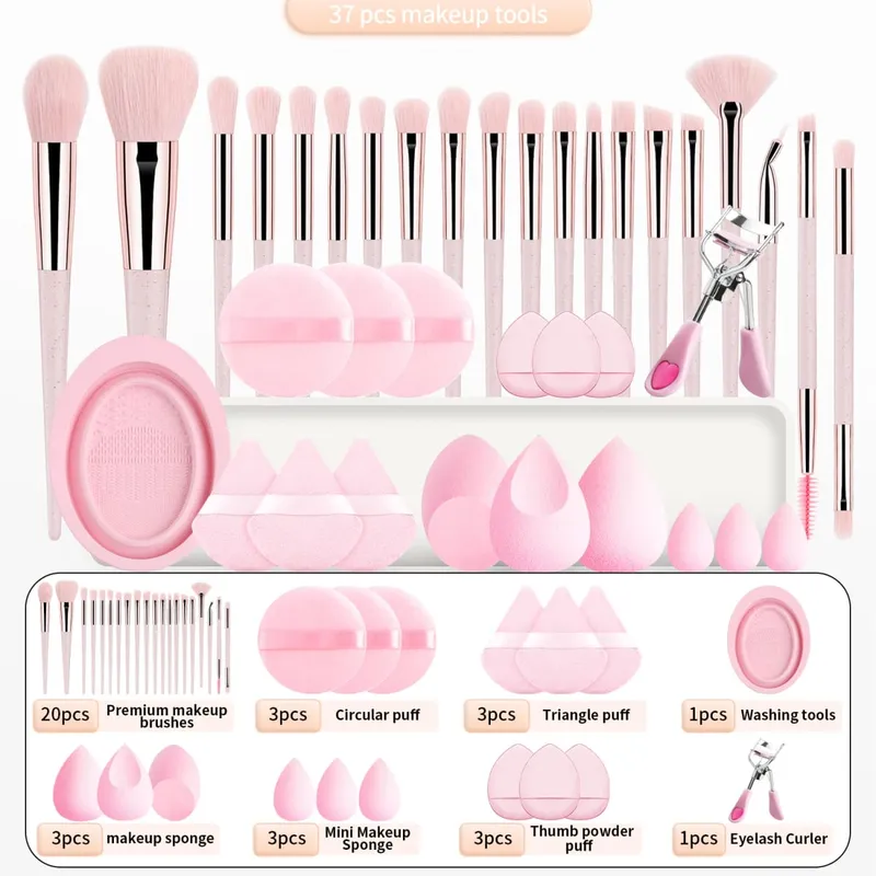 37PCS Makeup Tools Set 20 Brushes + Sponges Puffs Eyelash Curler Cleaning Tool for Full Face — image 1