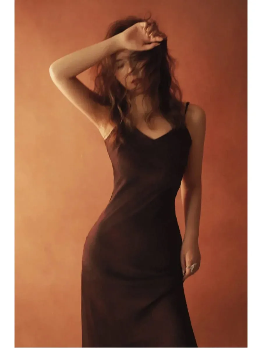 New Elegant women's fashion silk satin texture MIDI dress sexy backless party slip dress