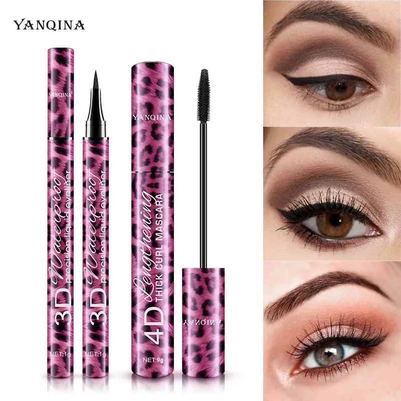 2Pcs 4D Mascara + Liquid Eyeliner Set Waterproof Sweat-Proof Smudge-Proof Lengthening Thickening Curling Long Lasting Eye Make