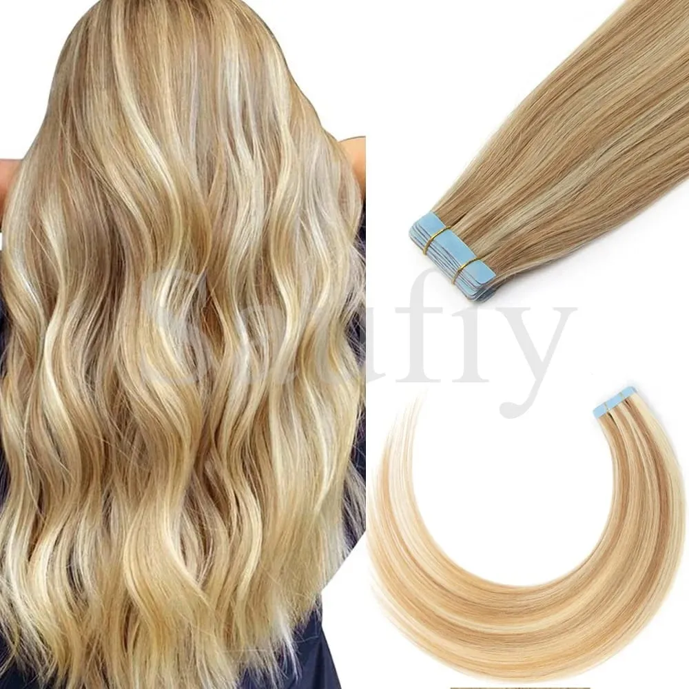 Blonde gerade Tape-In-Haarverlängerungen, Echthaar, 20 Stück/Packung, gerade, natürliches Schwarz, Blond, Braun, Tape-In-Haarverlängerungen, 12–20 Zoll, nahtlose doppelseitige Hauteinschlag-Tape-In-Haarverlängerungen für Frauen