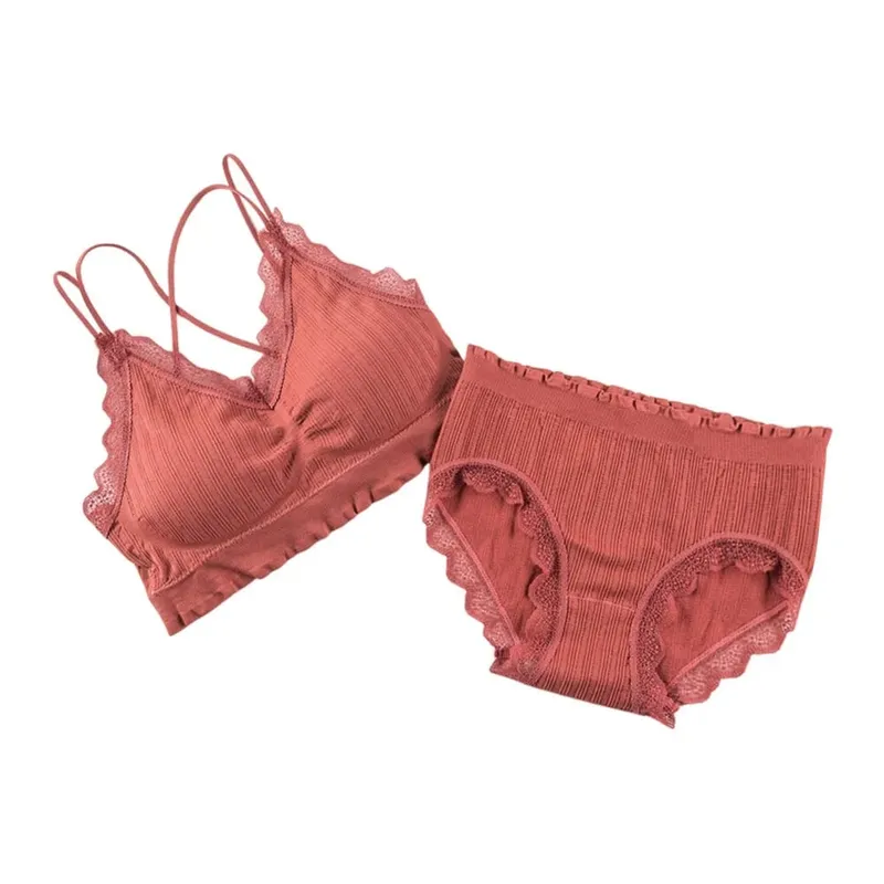 1Set Casual Lace Women Seamless Bra Set with Bra Pads V-Neck Lingerie Set Breathable Comfortable Sport Brassiere