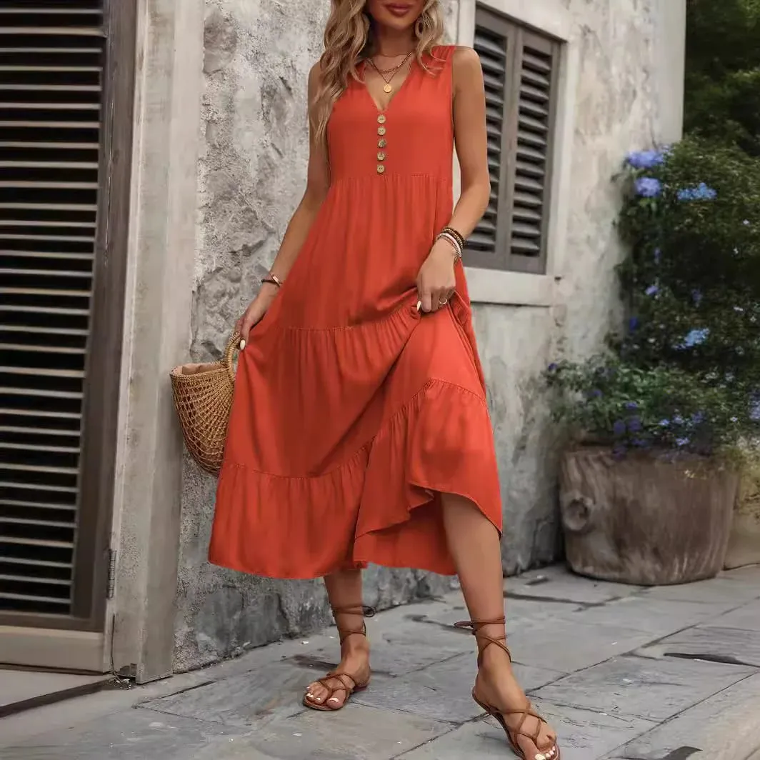 Casual Summer Midi Dress Women Sleeveless Tank V-Neck Buttons Ruffle Loose Dresses Beach Soild Sundress New Fashion Ladies Dress — image 4