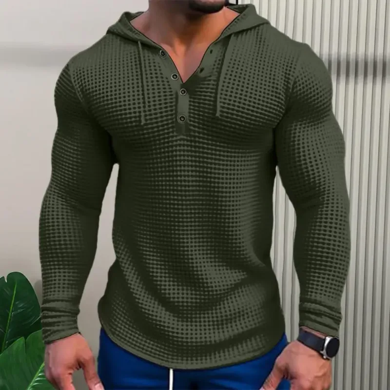T-shirt à manches longues pour hommes, couleur unie, coupe cintrée, à capuche, respirant, haut de sport, en coton gaufré, décontracté, printemps
