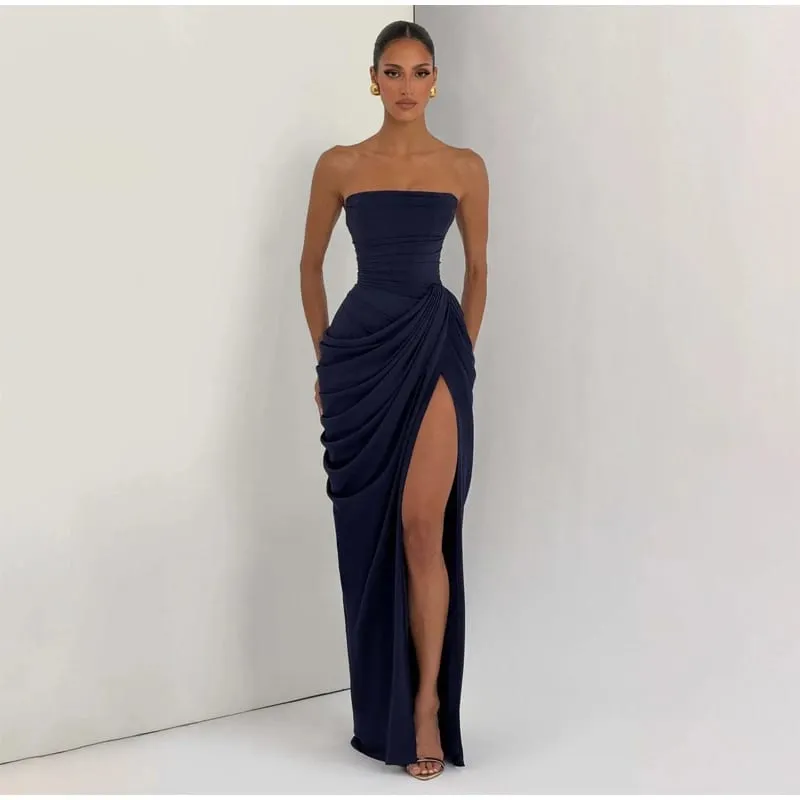 Dámské sexy jednobarevné plisované šaty dámské elegantní bez ramínek, bez ramínek, s vysokým pasem, rozděleným šatem 2026 letní večerní společenské šaty