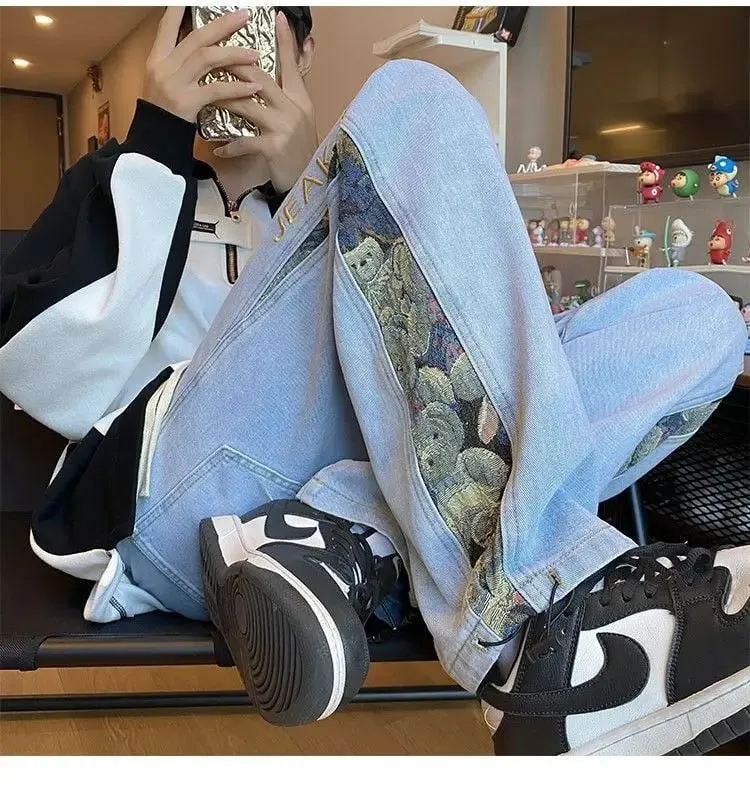 2023 Embroidered Bear Jeans Men's Spring Fall Straight Leg Loose Plus Wide Leg Fashion Brand American High Street Casual Pants