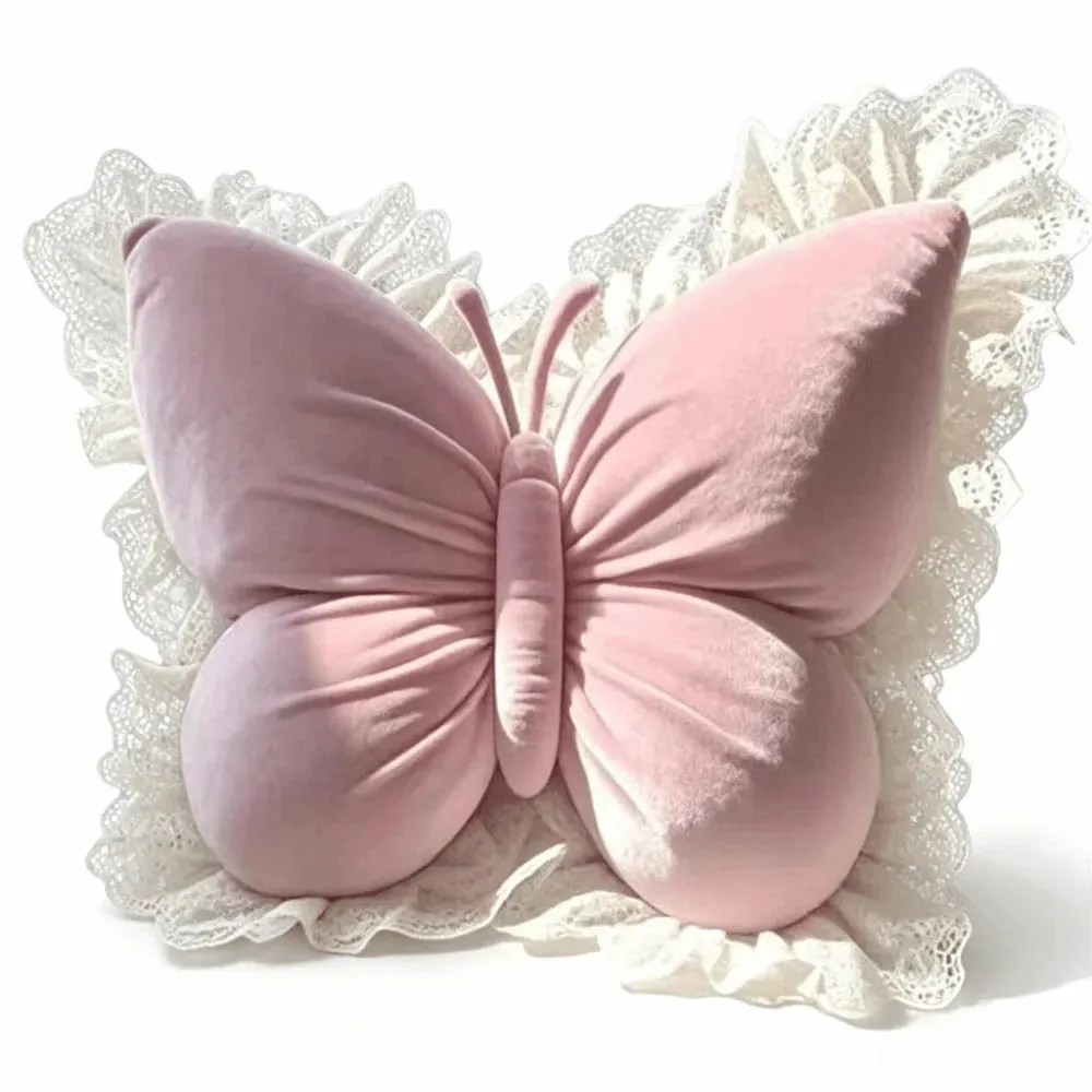 Decorative Cushion Velvet Butterfly Plush Pillow Lace Trim Plush Bow Plush Cushion Soft Cute Bow Throw Pillow Office