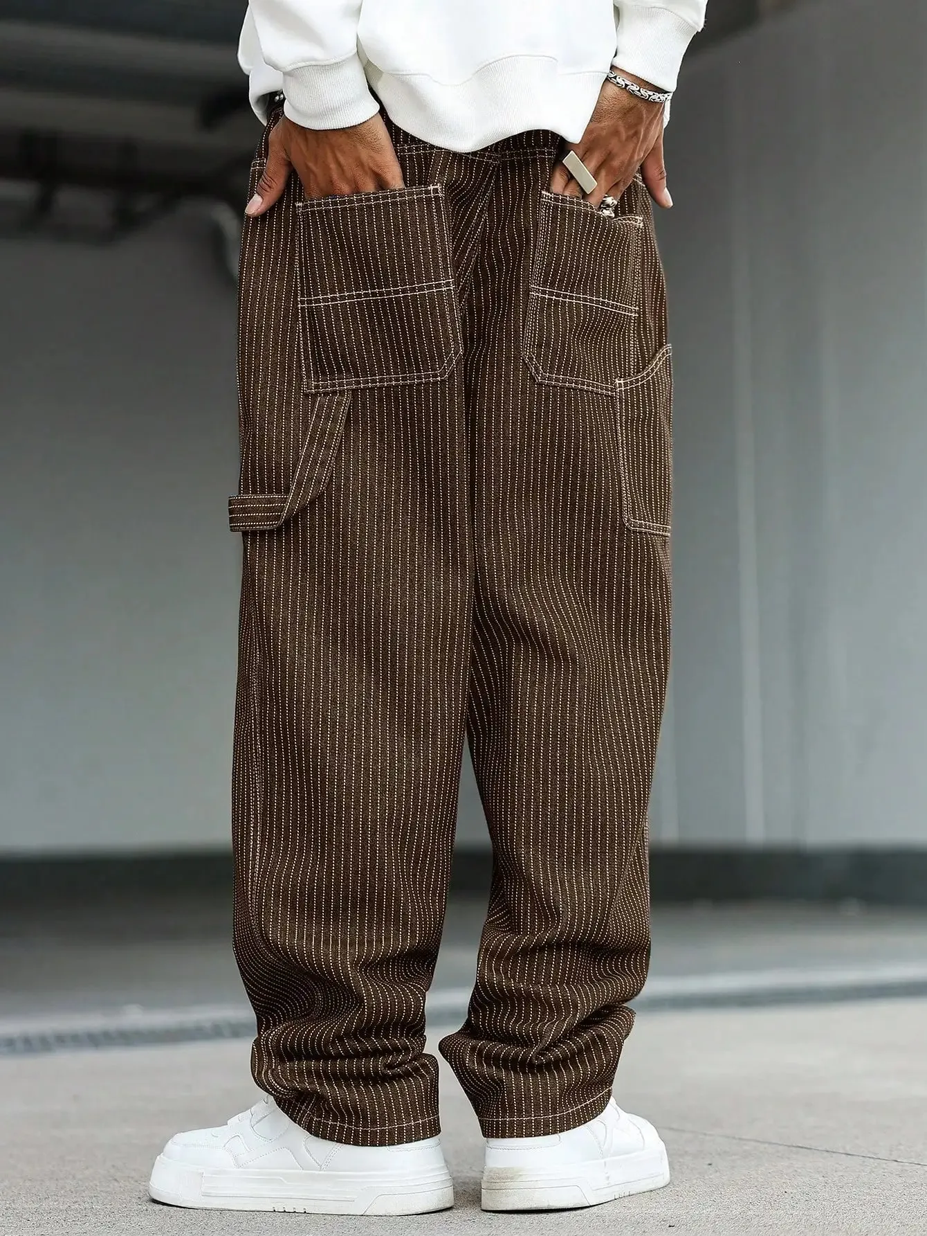 Men's vintage brown-and-white thin pinstripe loose wide-leg denim trousers Y2K workwear street-style unisex casual jeans