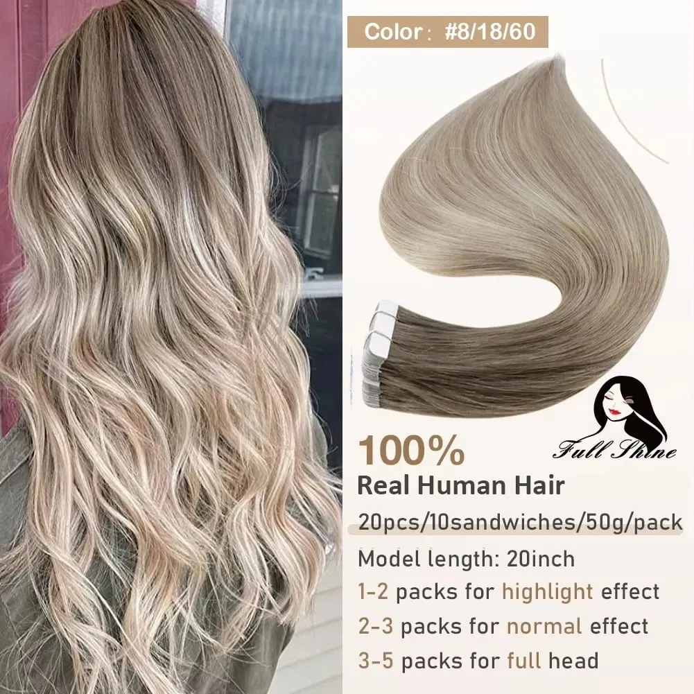 Full Shine Tape hajhosszabbításhoz 20 db Skin Weft Remy Straight Hair Ragasztó brazil hajra nőknek — image 15