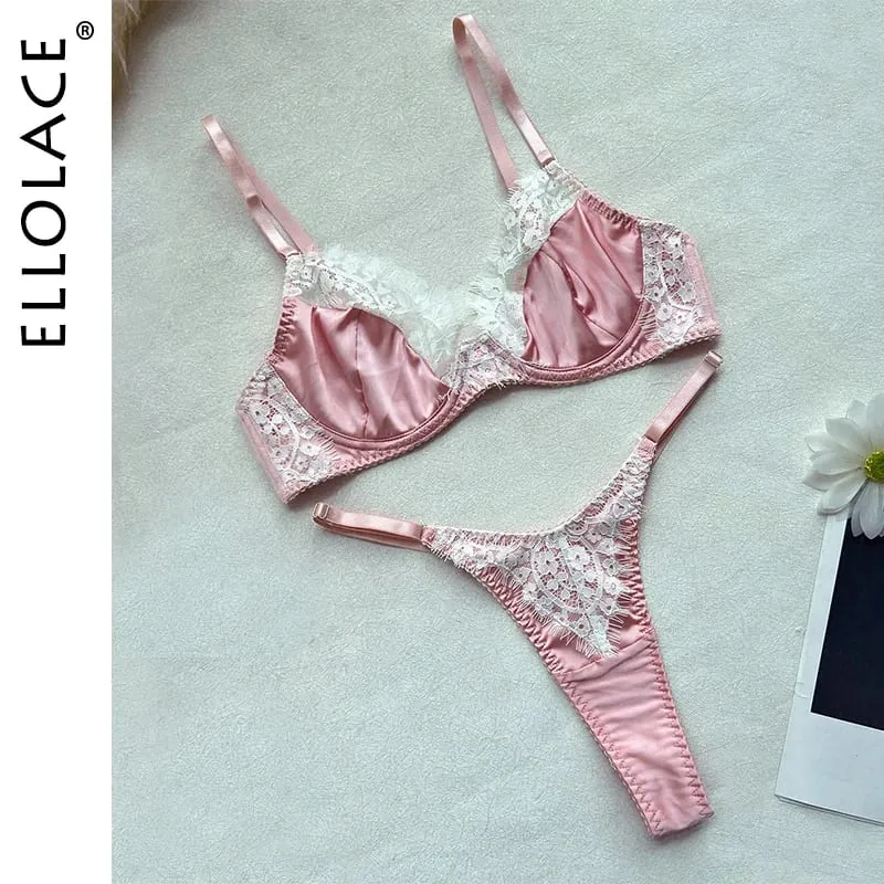 Ellolace conjuntos de lingerie feminina romântica coquette cetim renda sutiã tanga 2pc magro sensual quente traje doce juventude roupa interior da menina