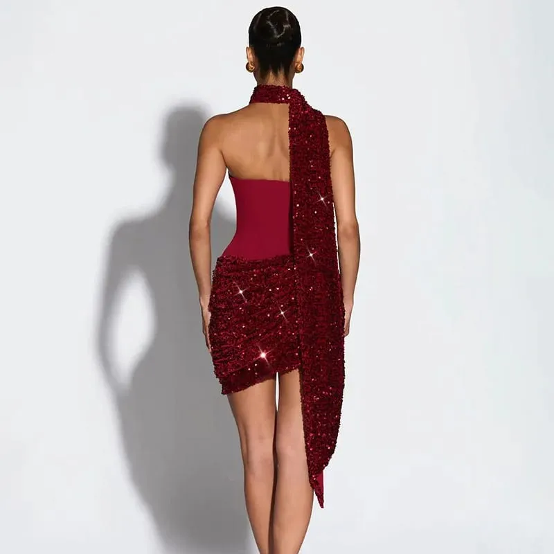 Sexy Women Slim Pleated Bodycon Dress Sequin Backless Spaghetti Strap Mini Summer Dresses 2026 Lady Evening Nightclub Party Gown