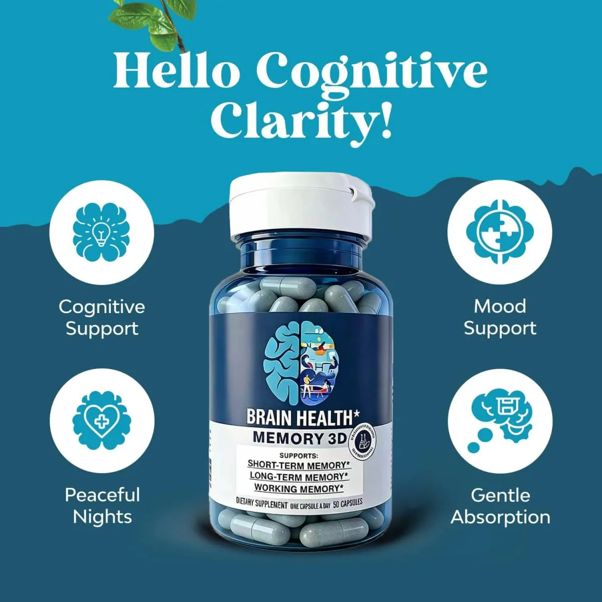 Memory 3D Brain Supplements for Memory and Focus Vitamin B12 & B6 Folic Acid 50 Count Capsules