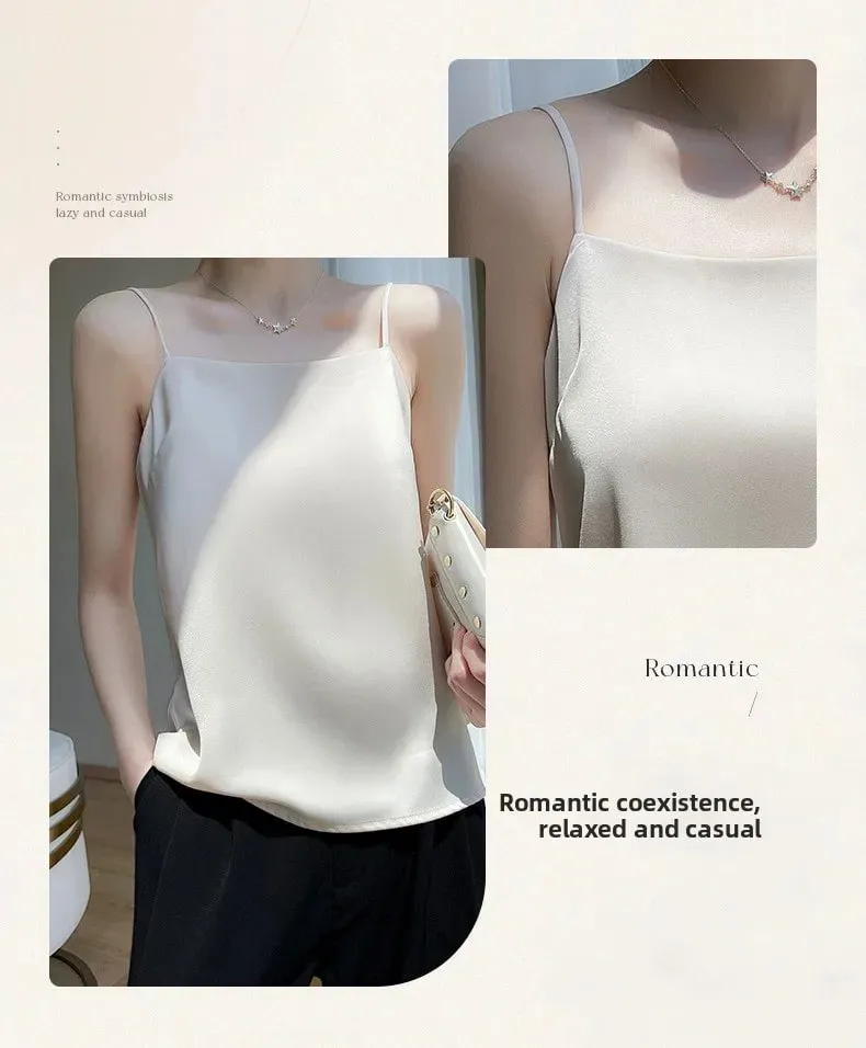 Silk Satin One-Shoulder Sexy Strap Vest Women's Sleeveless Suit Inner Wear Base Shirt Backless Commute Style Pure Color Summer