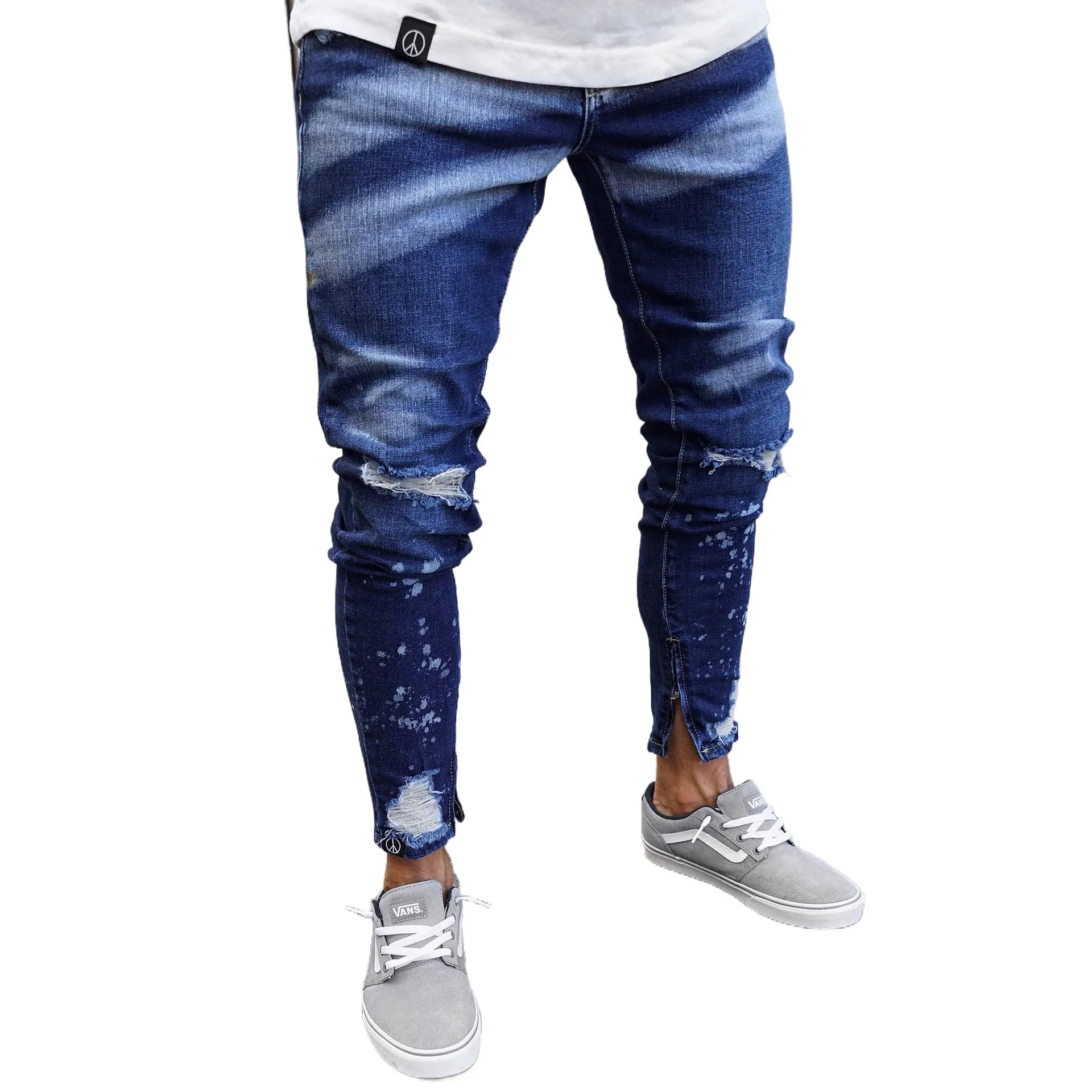 Men Denim Jeans Pencil Pant Vintage Slim Fit High Waist Frayed Hole Wash Trousers Y2k Streetwear Splice Work Casual 2026 Spring — image 5