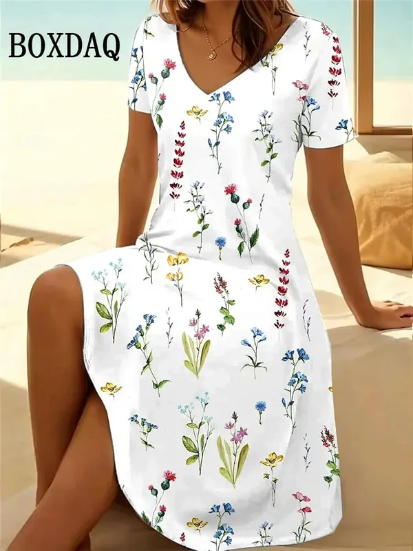 Vintage Summer Dress Women's V-Neck Flowers Printed Casual Beach Vacation Short-Sleeved Dress Loose Women Plus Size Dresses 6XL — image 3