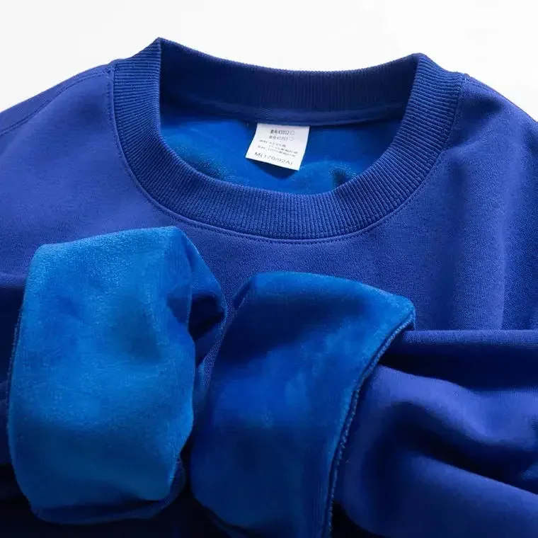 600G Cotton Plush Thickened Sweatshirt Thin Plush Heavyweight Solid Round Neck Sweater Autumn Winter Warm Sweater — image 7