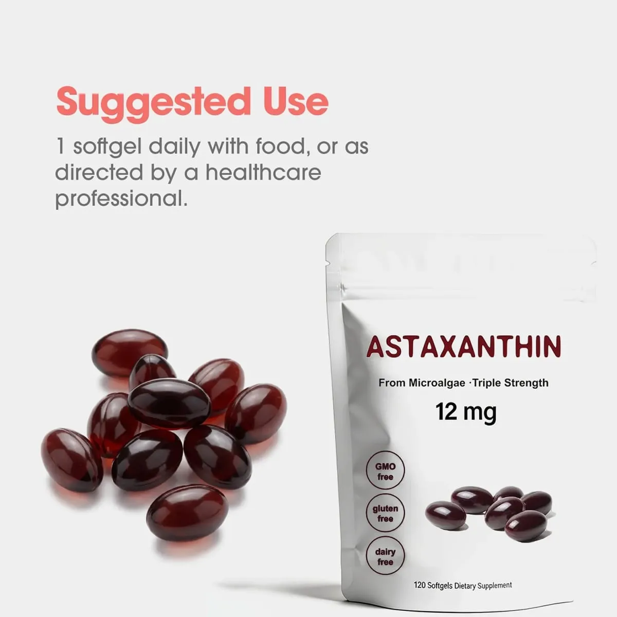 Astaxanthin 12mg Antioxidant Supplement Softgels for Women Men Premium Triple Strength Formula | Non-GMO Gluten Free No Soy