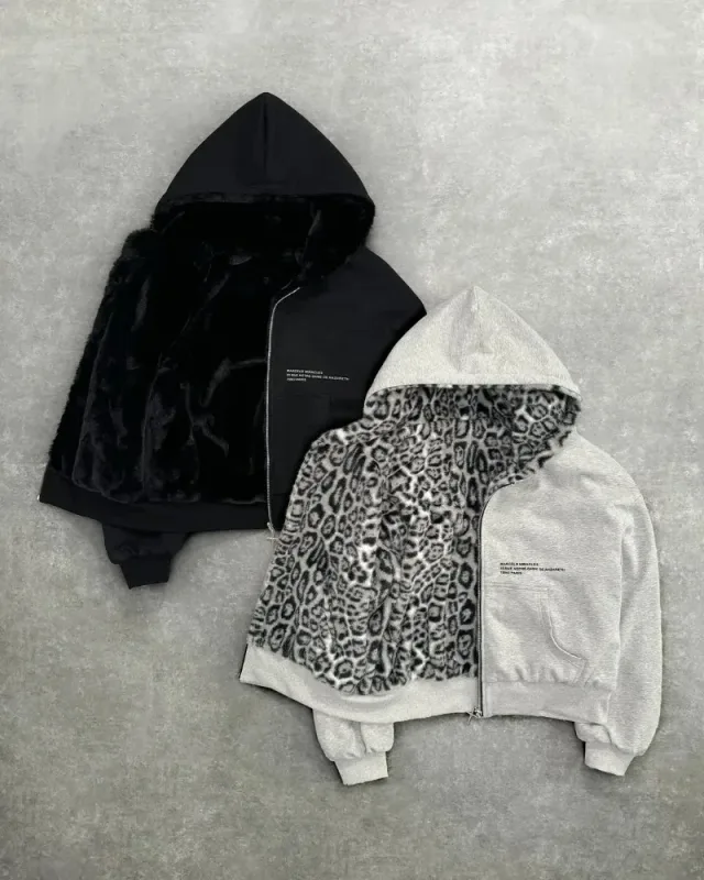 Hip-hop Nya dubbelsidiga kläder Harajuku Retro Leopardtryck Fashionabla Luvtröja med lös dragkedja Män Gata Fritidströja Kvinnor