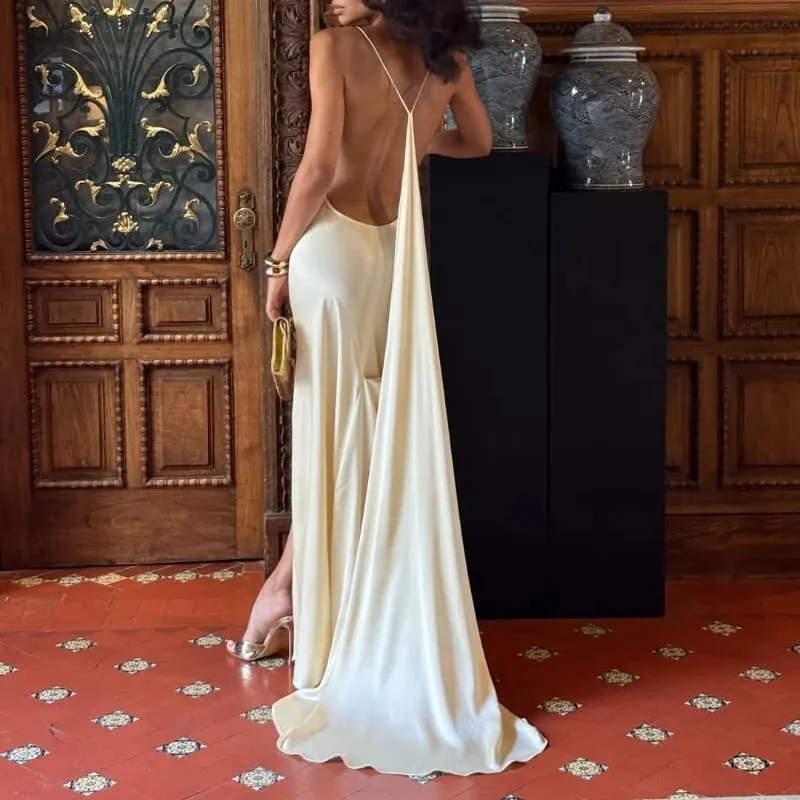 Elegante nastro di raso backless abito lungo da donna pieghettato scollo a V fessura abiti da spiaggia da festa 2026 Summer Lady abiti da sera solidi