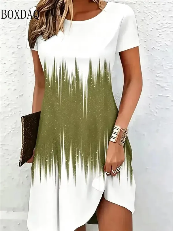 New Women's Summer Dresses Loose Short Sleeve Round Neck Gradient Pattern Printed Casual Party Dress