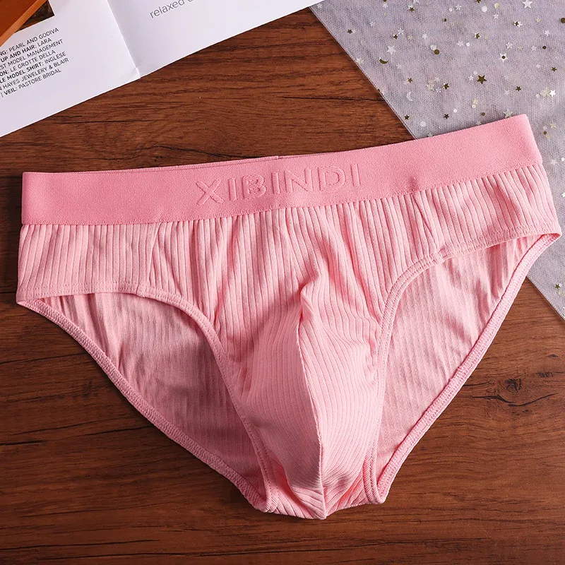 4-Piece Men's Cotton Ribbed Briefs Set - "XIBINDI" Embossed Waistband Underwear (Blue/White/Gray/Pink)