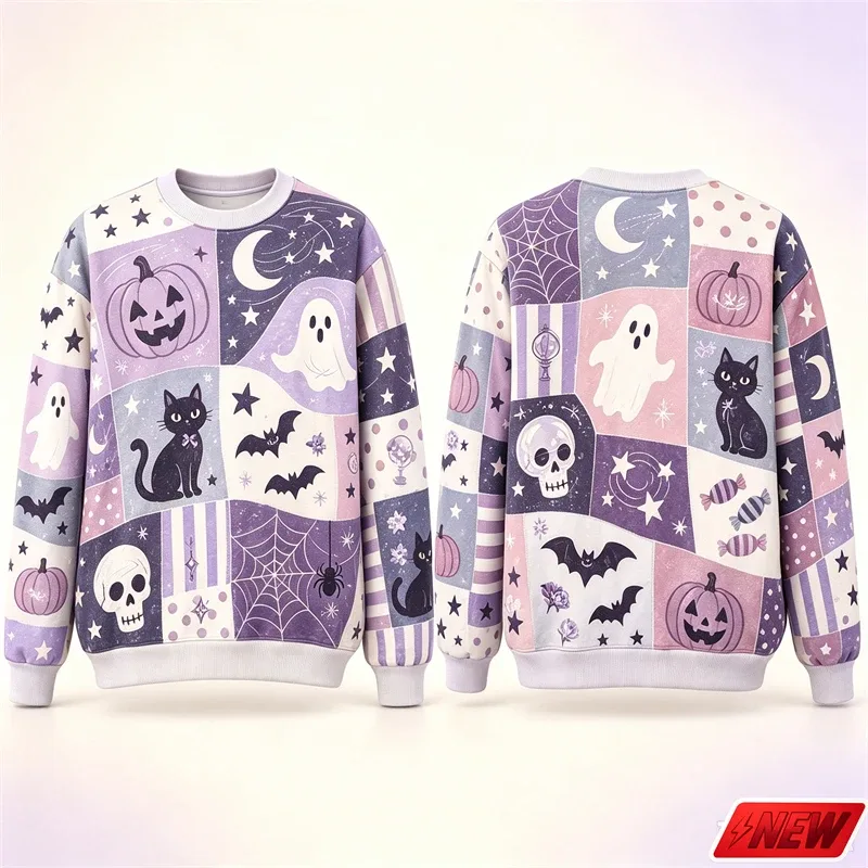 Halloween Splicing Patterns Sweatshirt Herr 3D Print Pumpa Cat Långärmad Pullover Hoodie Quick Dry Holiday Costume Top Unisex