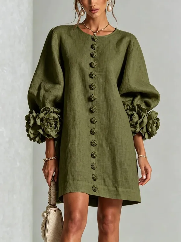 Women Spring Autumn 3D Flower Long Lantern Sleeve Cotton Linen Mini Dress Solid Crew Neck Loose Elegant Daily Wear Short Dress