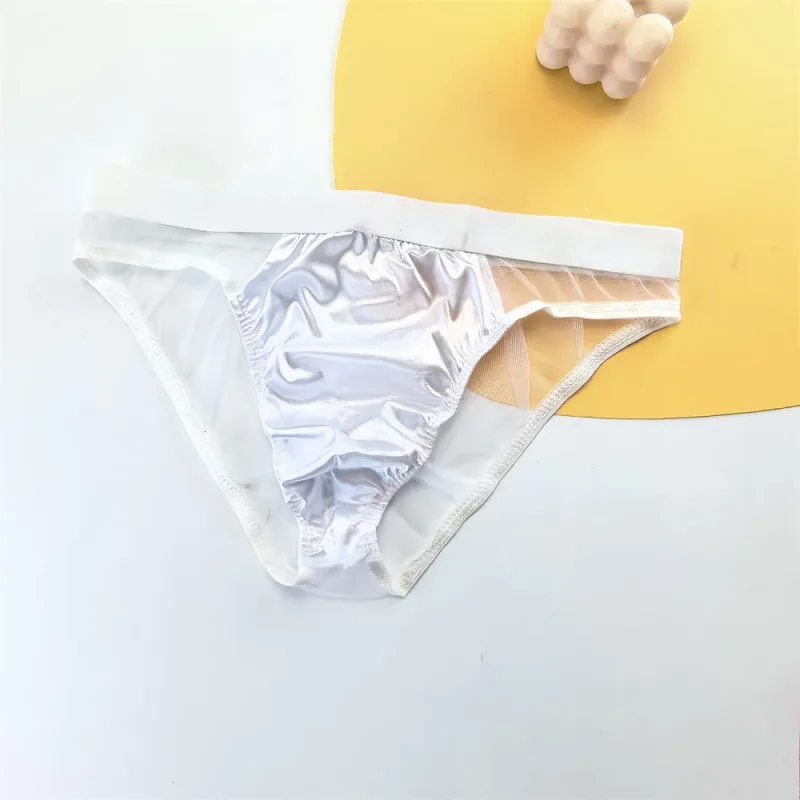Cuecas masculinas de seda de cetim brilhante sexy cuecas de malha transparente calcinha masculina respirável de secagem rápida