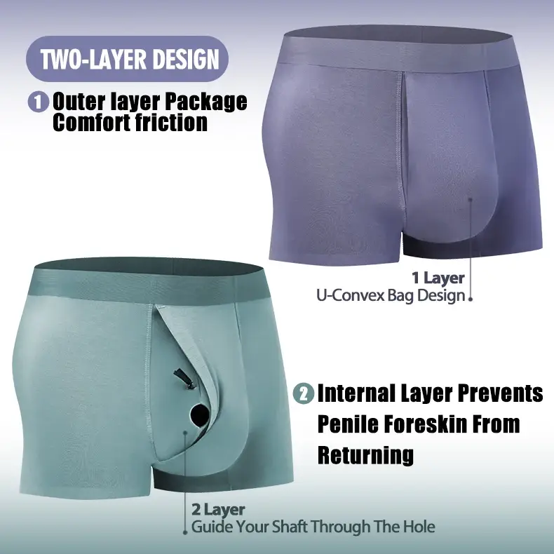 Men's Breathable Underwear Front Open Hole with Adjustable Ring Sheath Boxers Foreskin Long Therapy Enhanced Man Boxers Briefs