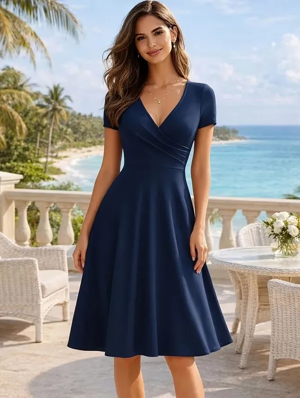 Damen-Kleid, elegant, Rundhalsausschnitt, Sommer, kurzärmelig, einfarbig, A-Linie, knielang, Kleid mit hoher Taille, für Party, Hochzeit, lässiger Abgang