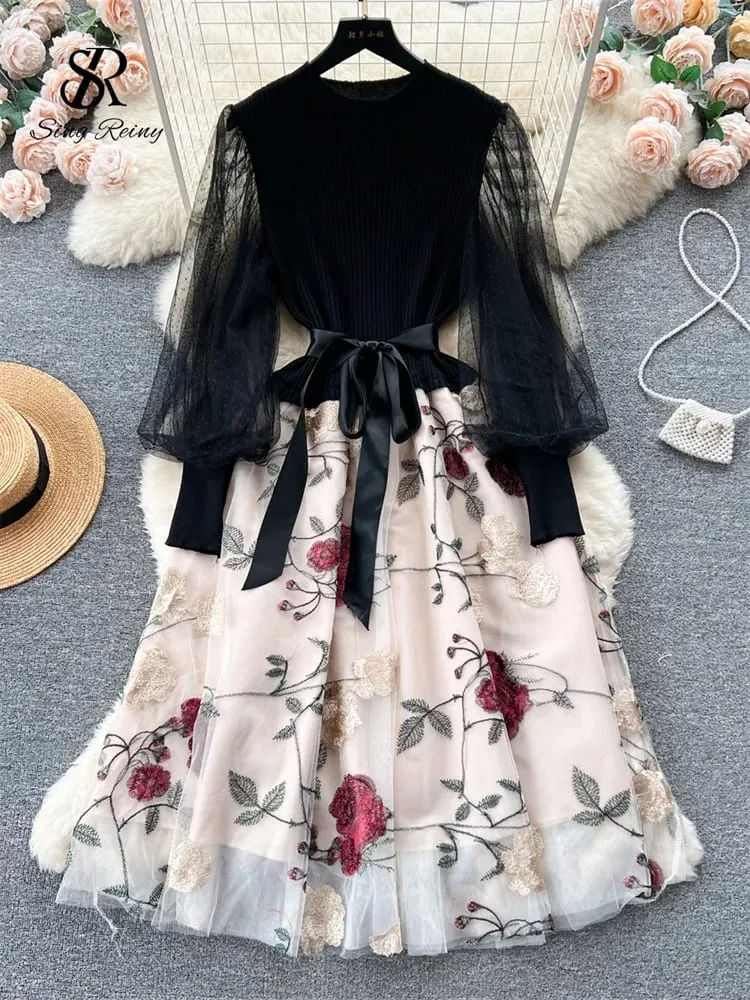 Senior Knitted Patchwork Dress Long Lantern Sleeves Bow Mesh Embroidery Floral Women Autumn France Elegant Party Dress — image 2