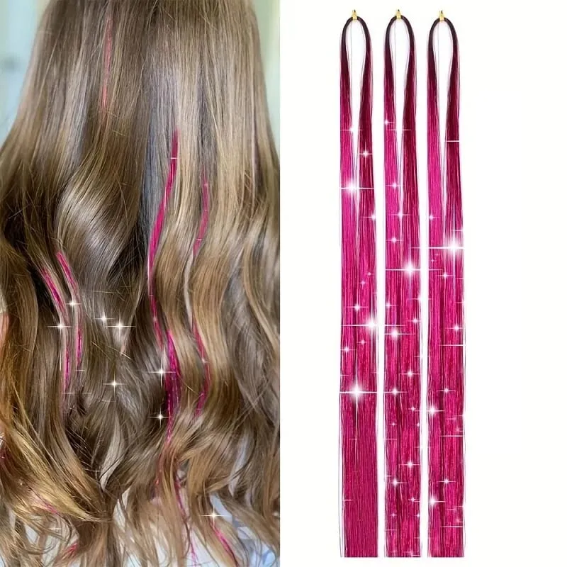 90cm Syntetisk 3st/set Regnbågsfärgat glänsande hår Laser Tinsel Långt rakt Värmebeständigt Fairy Hair Extension Party Dagligen