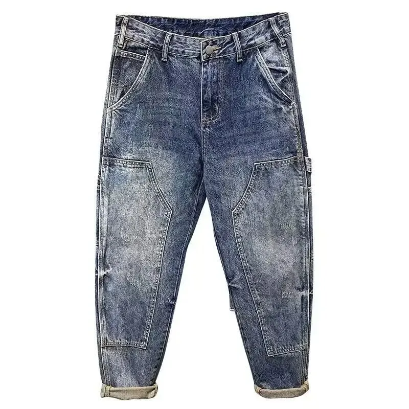 Heavy Trendy 2025 Brand Tooling Multi-pocket Jeans Men's Trend Loose Retro Small Feet Harlan Patchwork Cargo Straight Pants
