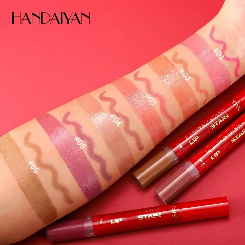 Double-headed Liquid Lip Gloss Pen Lip Contour Liner Oil 2 in 1 Lip Glaze Long Lasting Moisturizing Plumping Lips Stain Makeup