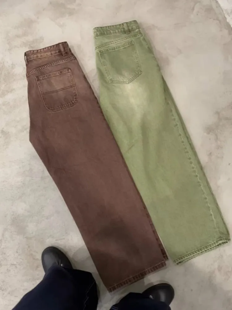 Mens Straight Leg Wide Leg Casual Streetwear Fashion Jeans Matcha Green Washed Gradient Denim Pants Harajuku Unisex Loose Fit