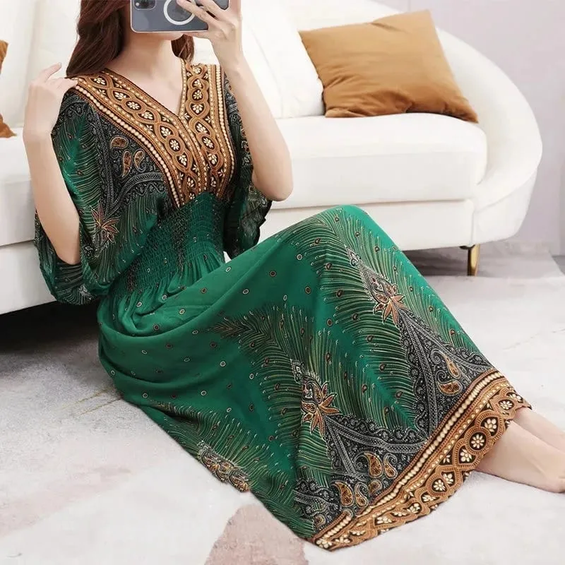 Casual Elegant Retro Bohemian National Style V-neck Elastic Waist Large Swing Printed Summer Long Skirt Woman Dress Clothes