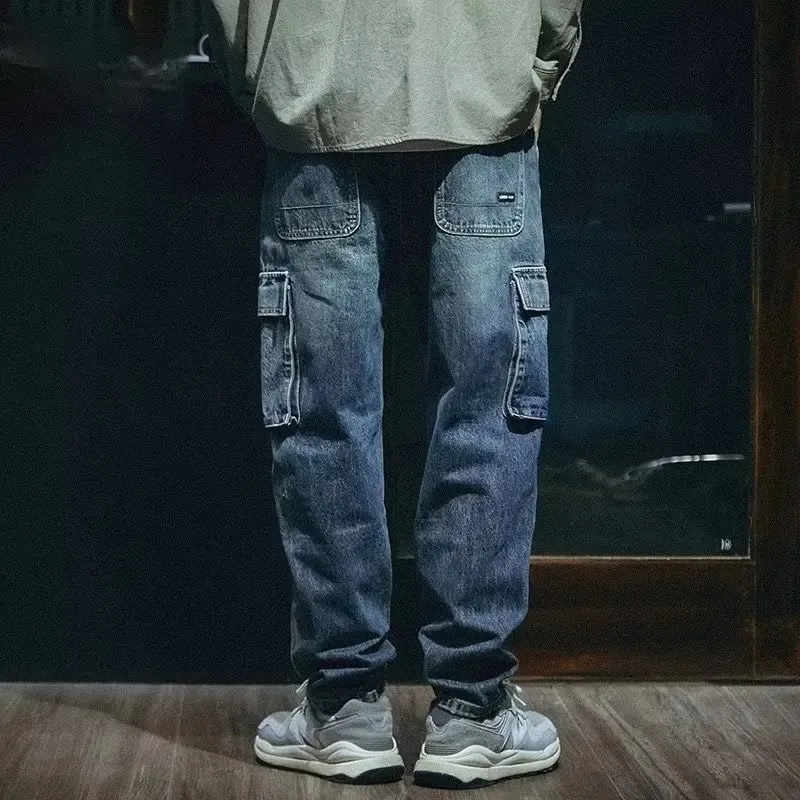 Denim Pant Men Jeans Vintage Wash Cargo Long Pants Loose High Waist Straight Trousers Pocket Y2k Streetwear Elegant Casual 2026
