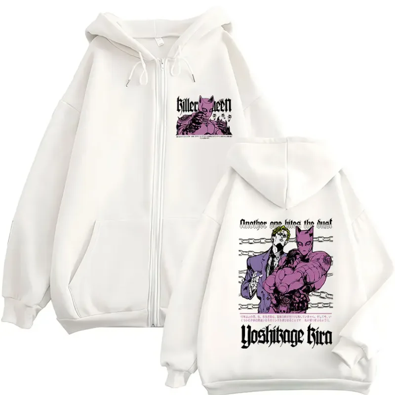 Anime Jojo Bizarre Adventure Kira Yoshikage Killer Queen Zipper Hoodies Homens Mulheres Roupas Moda Zip Up Moletons Jaquetas