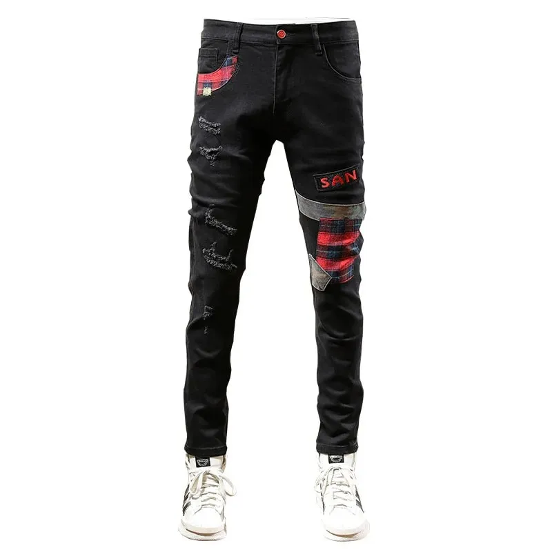 Men's Ripped Jeans with Patchwork Design Slim Fit Skinny Spring Trendy Street Motorcycle Style Black Long Pants