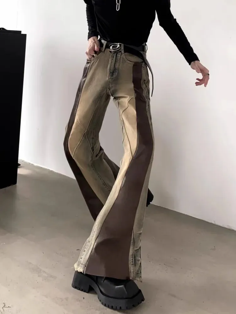 Trashy Y2K 2000S Pu Leather Patchwork Slim Flare Jeans Pants For Men 90S Vintage Clothes Colorblock Denim Trousers Moda Hombre