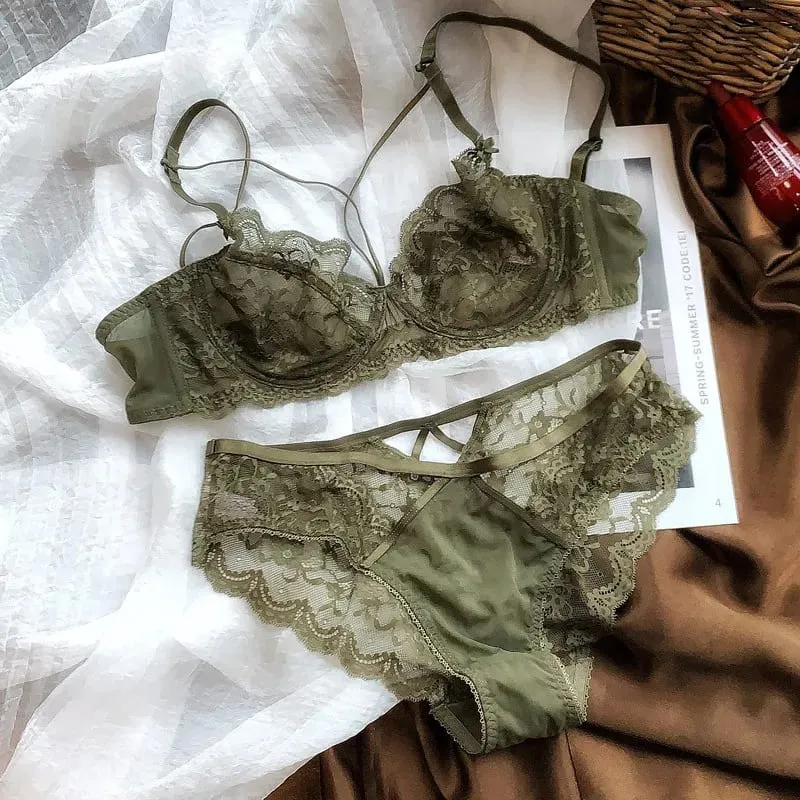 Women's Ultra-Thin Lace Lingerie Set Soft Wire Bra with Push-Up Support Designed to Minimize Bust Appearance and Prevent Sagging