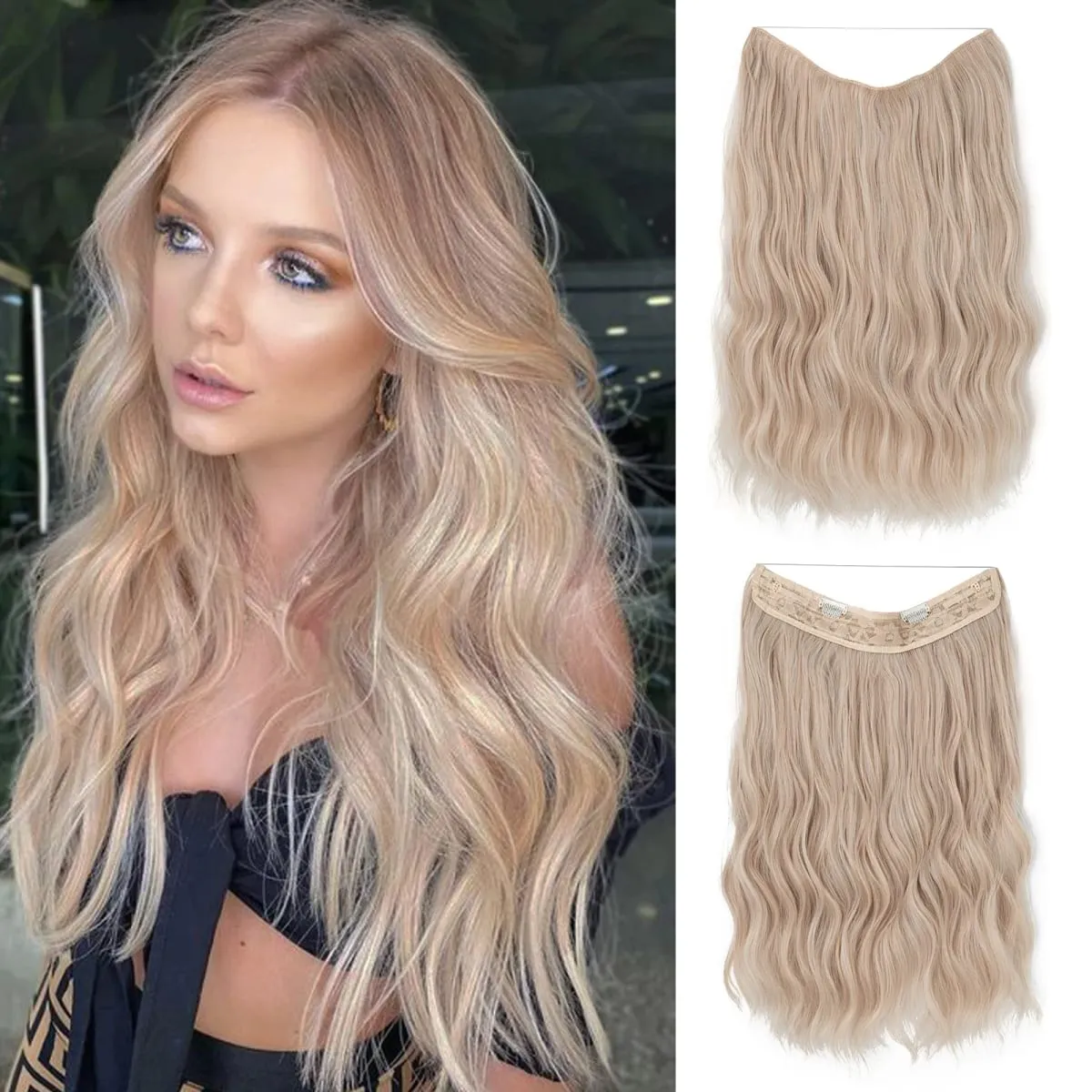 Synthetic Wave Invisible Wire With Clips Hair Extensions Fish Line Natural Blonde Clip In Hairpiece Fake Hair Piece